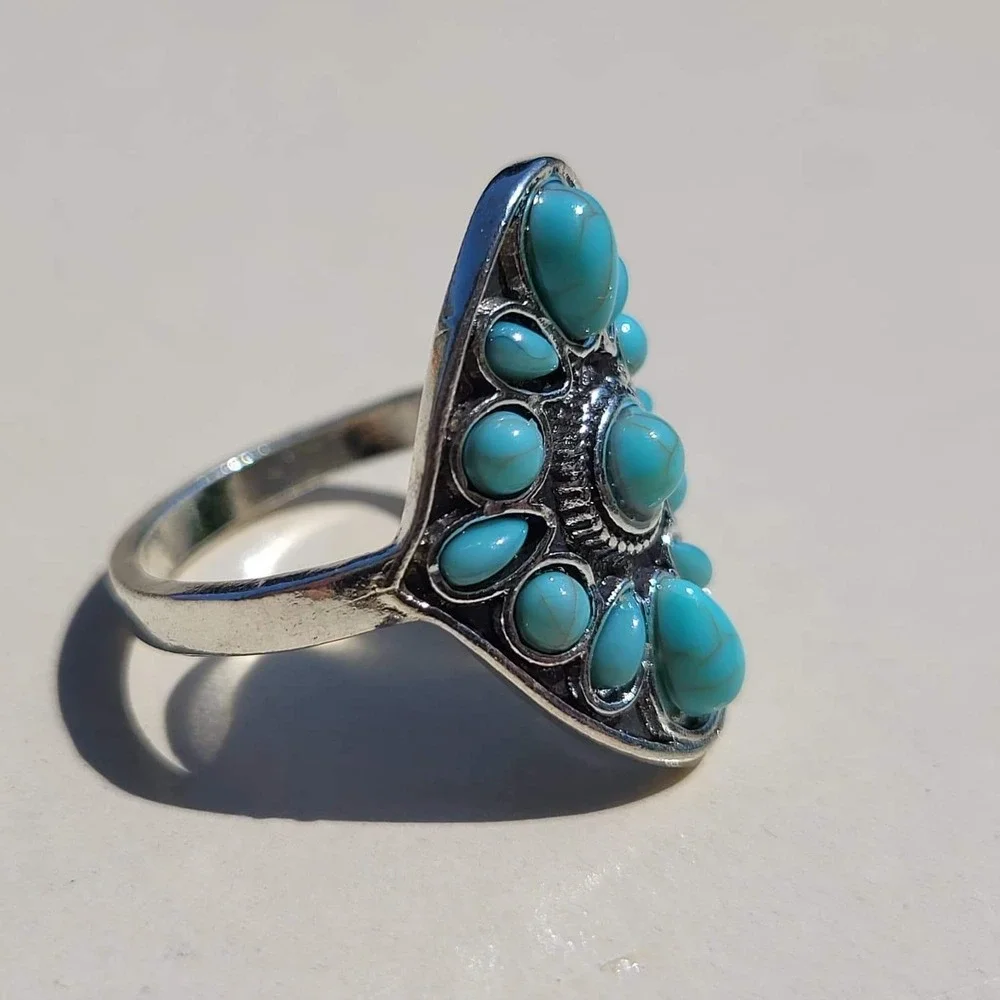 Vintage Silver Tone Faux Turquoise Cluster Ring Size 9.75 Blue Southwestern Boho